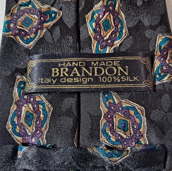 Brandon 💯 Silk Designer Necktie 3.75"x61" Extra Long Black/Turq/Purple Diamonds - Picture 4 of 9
